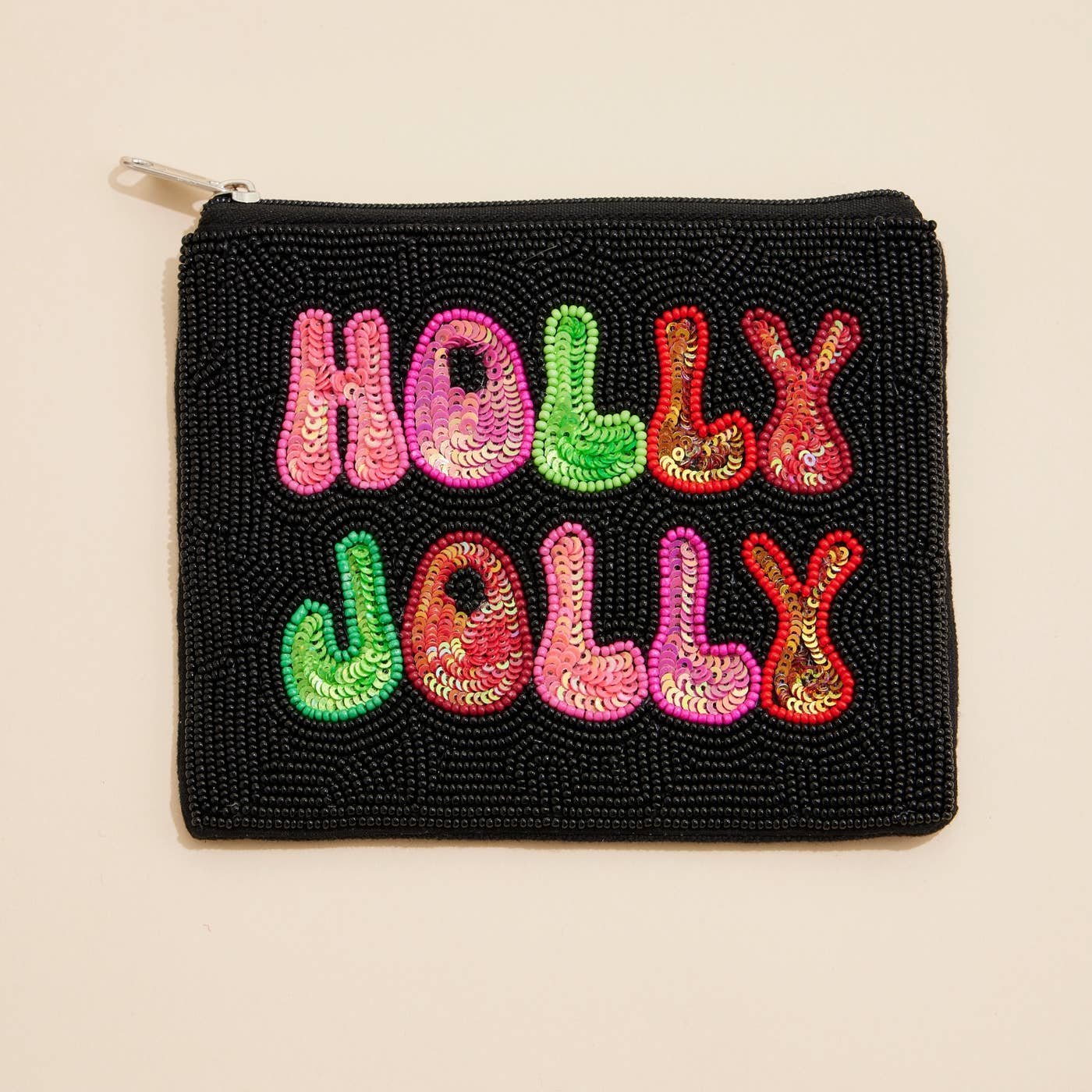 Christmas Holly Jolly Seed Beaded Coin Pouch
