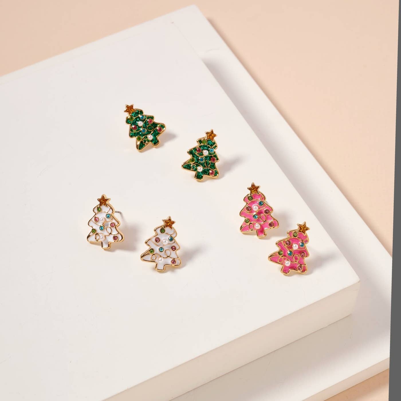 Enamel Christmas Tree Stud Earrings | Crystal & Pearl Holiday Earrings