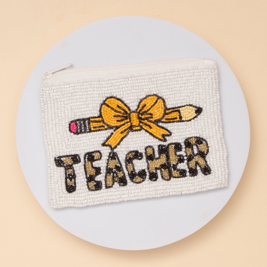 Teacher Yellow Number 2 Pencil Bow Seed Beaded Coin Bag