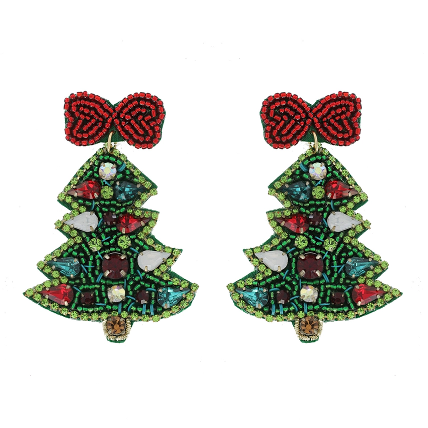 Jeweled Christmas Tree Beaded Embroidery Earrings (Green)