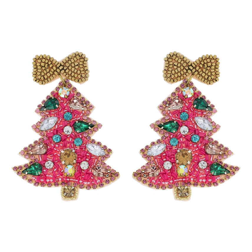 Jeweled Christmas Tree Beaded Embroidery Earrings (Pink)