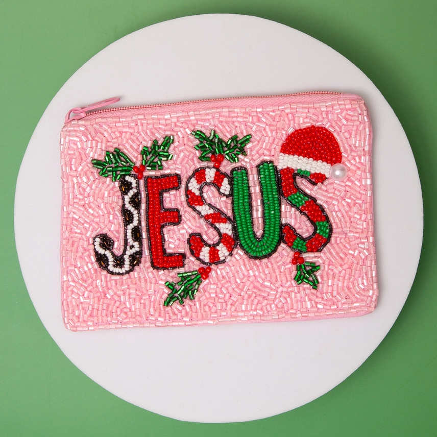 Christmas Jesus Seed Beaded Coin Bag With Holly Detail