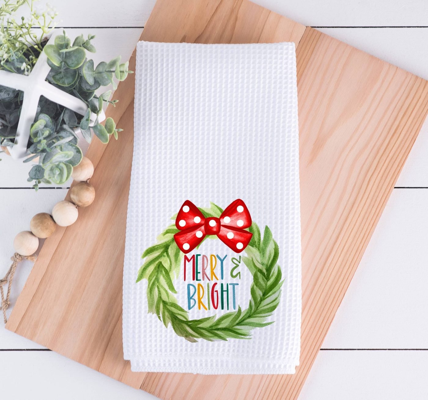 Merry and Bright Watercolor Christmas Wreath Kitchen Towel