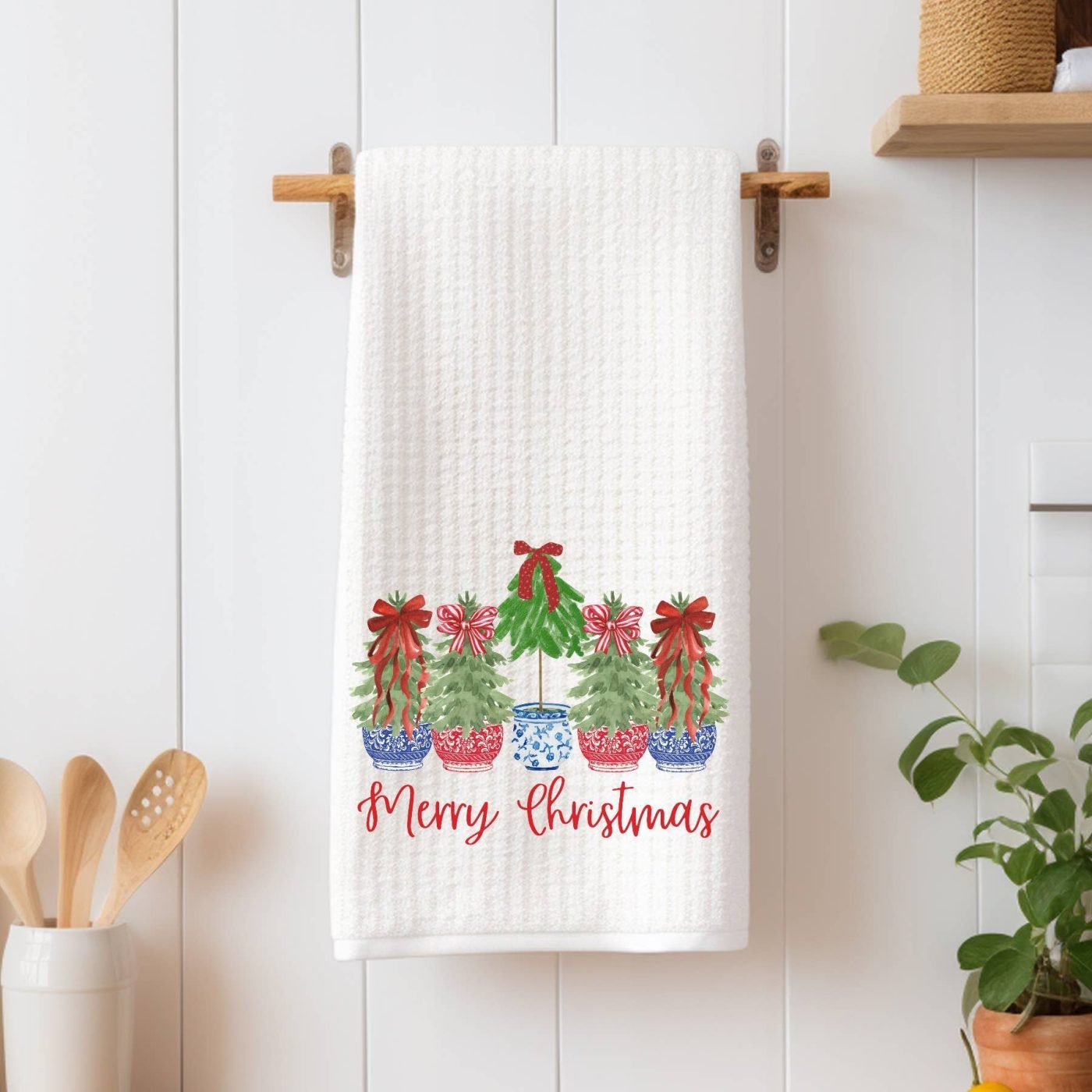 Chinoiserie Christmas Trees Preppy Bow Kitchen Towel
